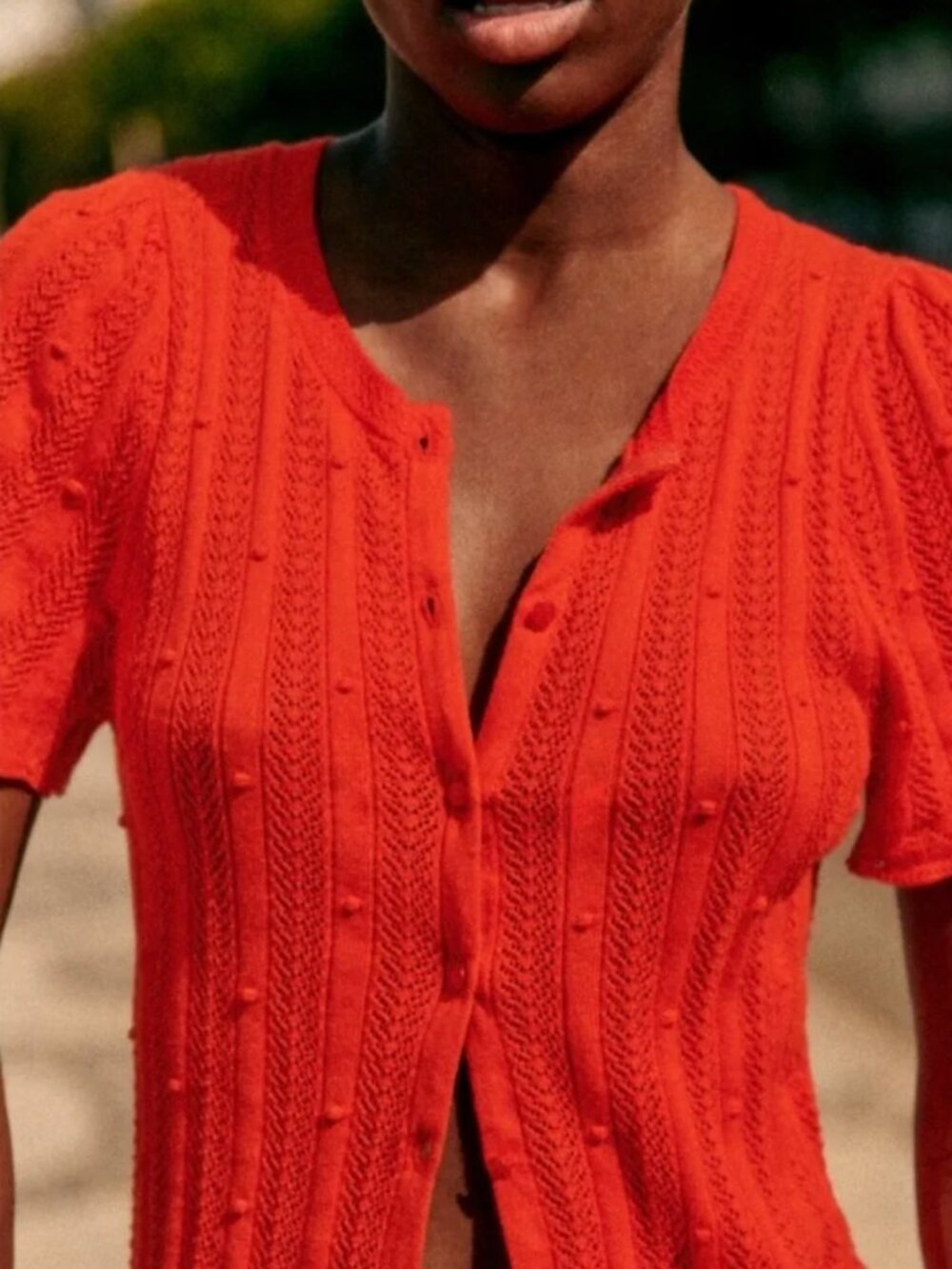 Sézane Bright Red Fancy Knit Organic Cotton Davie Short Sleeve Cardigan Sweater